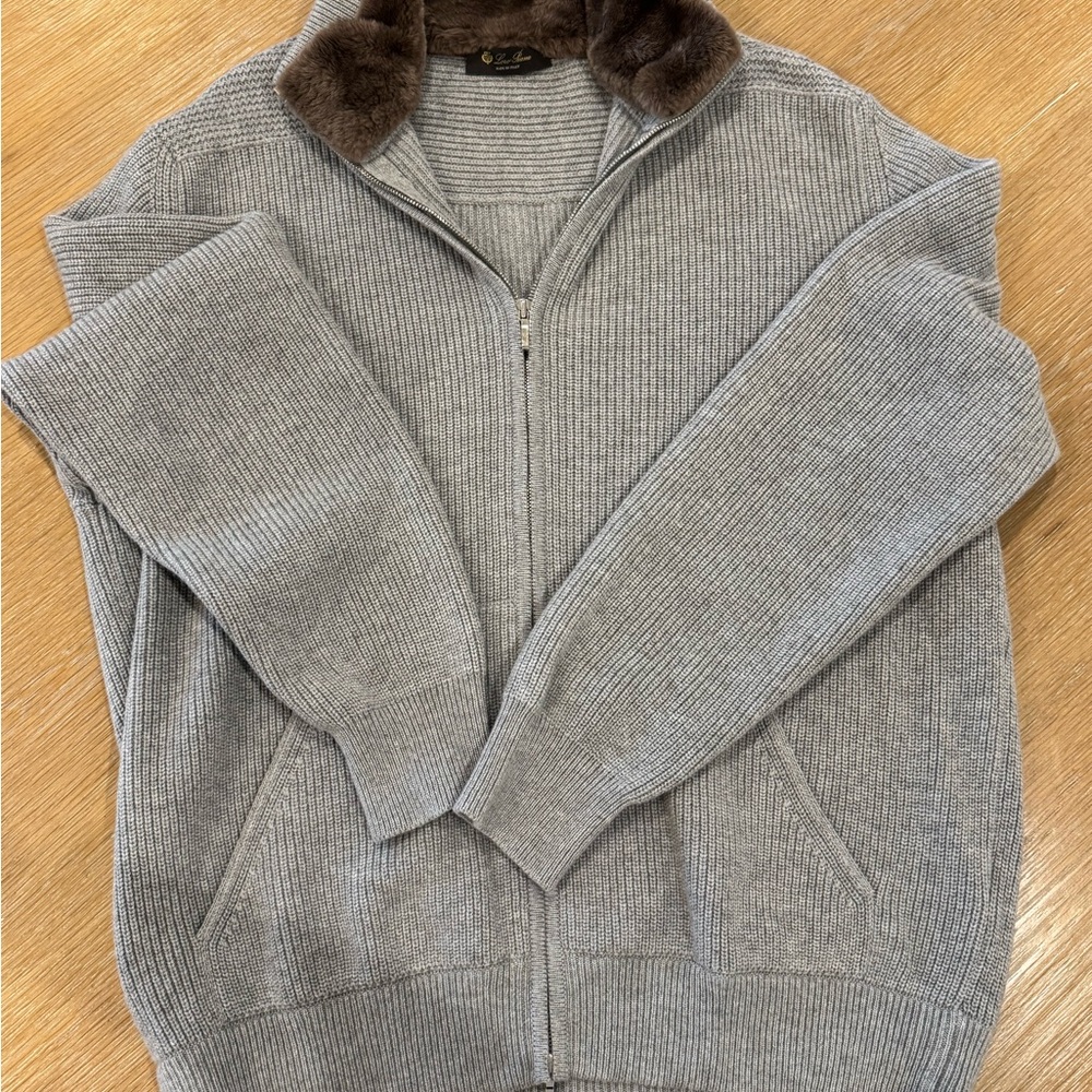 Loro Piana Never Worn Mens Gray Cashmere Sweater w Brown Castorino Detach Collar